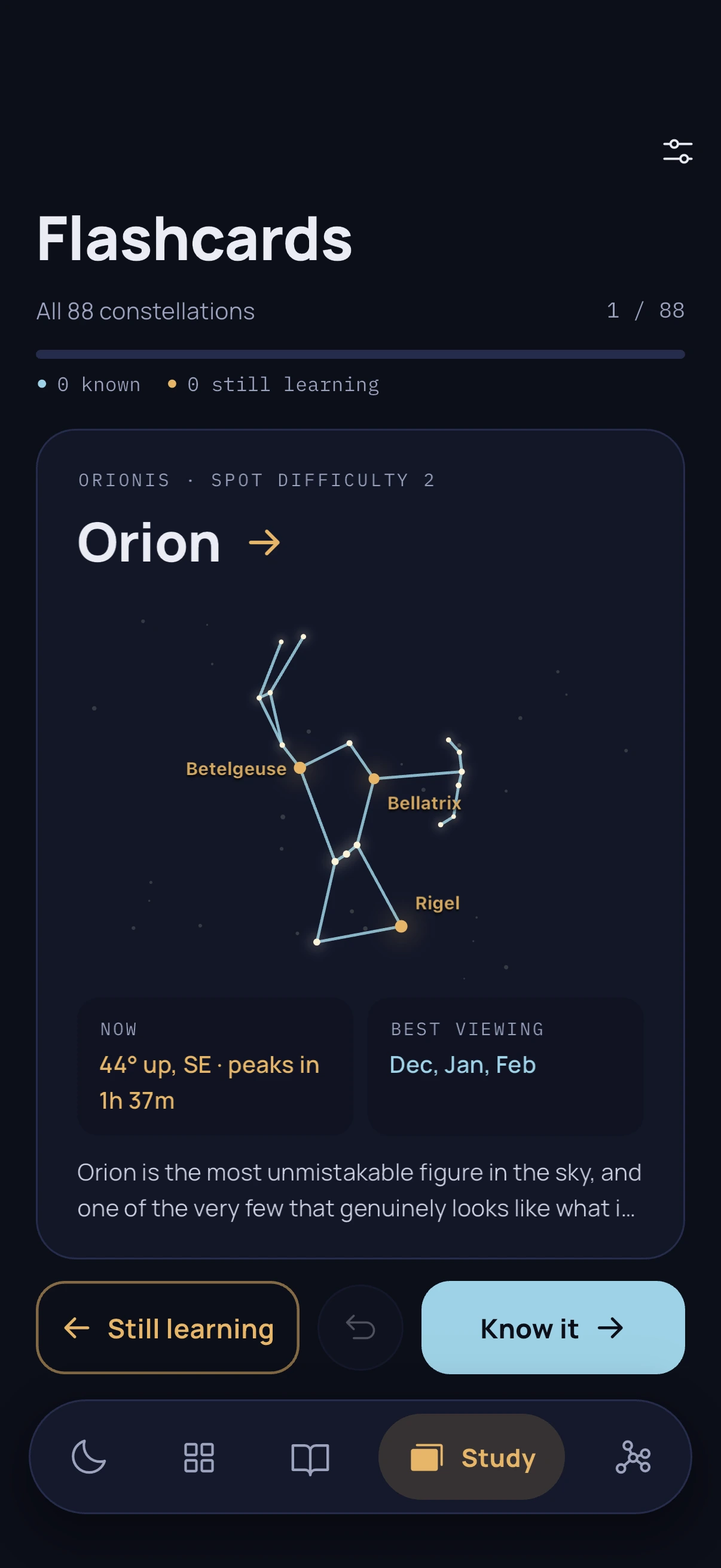 A Star Scholar flashcard showing a constellation pattern for recognition practice.