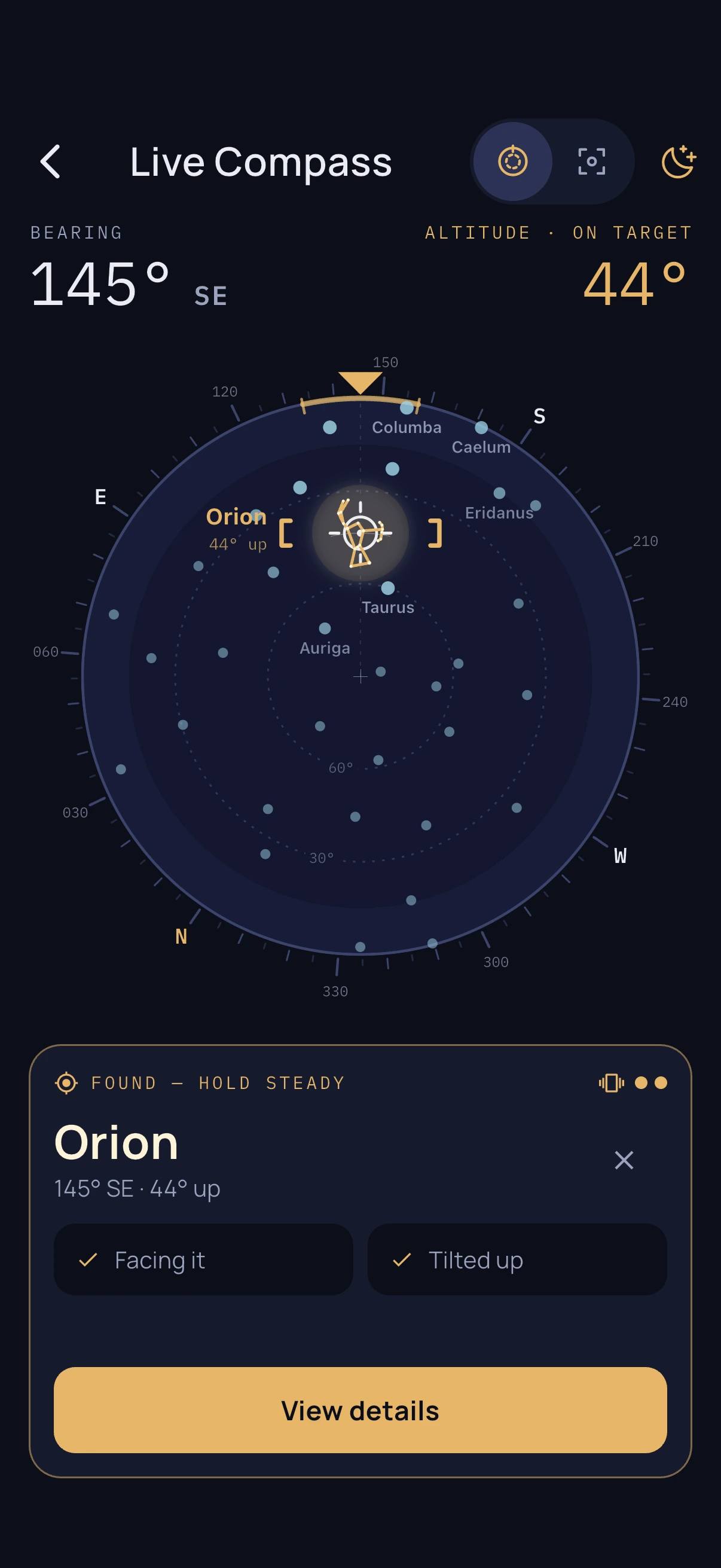 Star Scholar's live compass, pointing the phone at the sky to show which way to face to find a constellation.