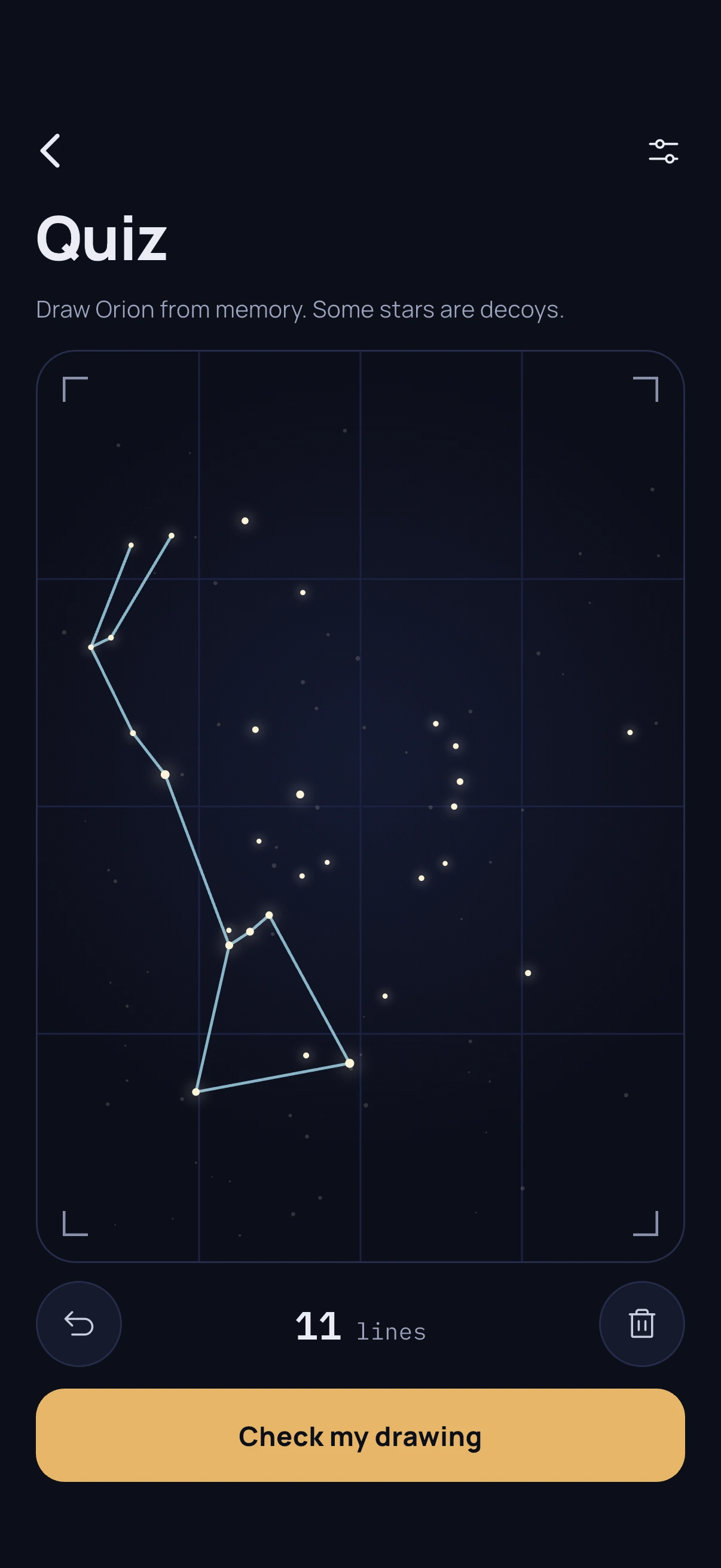 Quiz Mode in Star Scholar, with a constellation being drawn from memory on a bare star field.
